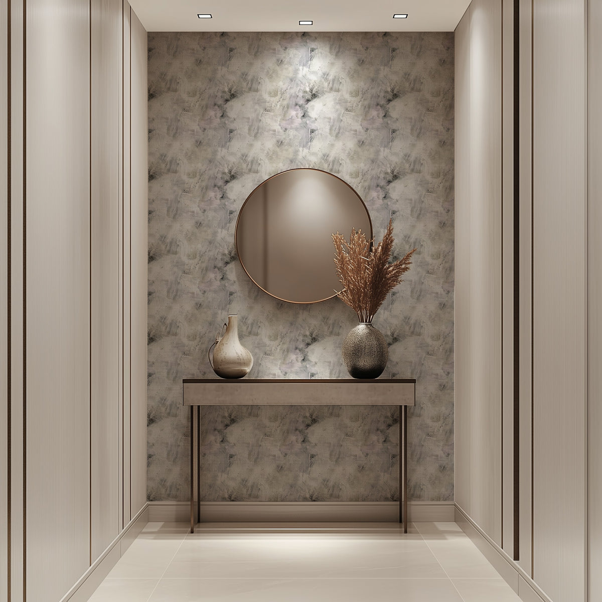 Hand Painted Pattern brushed abstract wallpaper in soft grey and ivory in an entrance hall