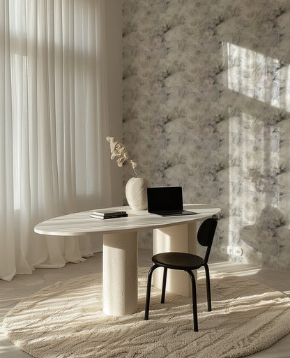 Hand Painted Pattern brushed abstract wallpaper in soft grey and ivory in a home office