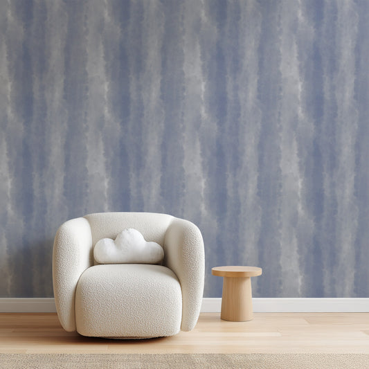 Indigo Tie-Dye soft blue watercolour wallpaper in a bright home office