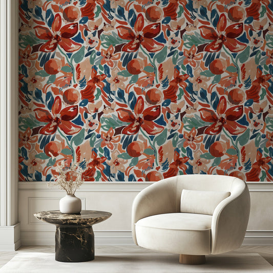 Intense Flowers bold oversized floral wallpaper in vivid tones in a home office