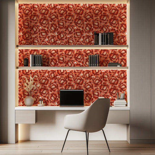Intense Flowers II bold red floral wallpaper in a home office