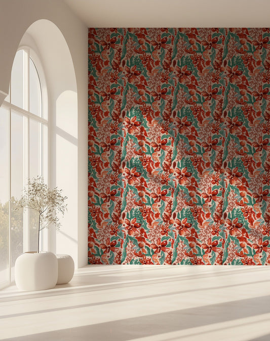Intense Flowers III bold red and green floral wallpaper in a home office