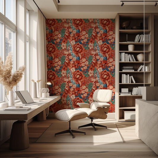 Intense Flowers IV bold colorful floral wallpaper in rich tones in a home office