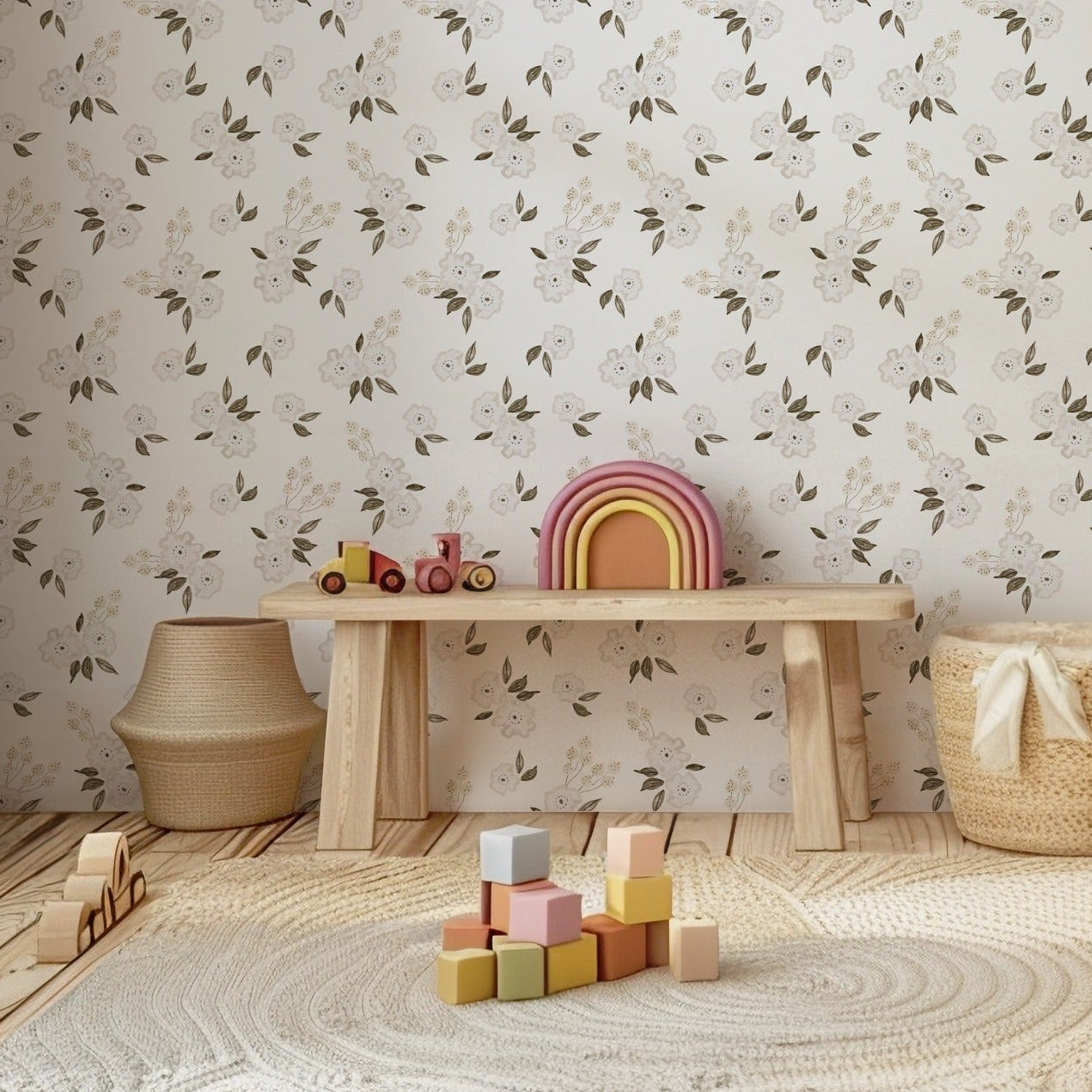 Ivory Bloom cream floral wallpaper in a soft nursery