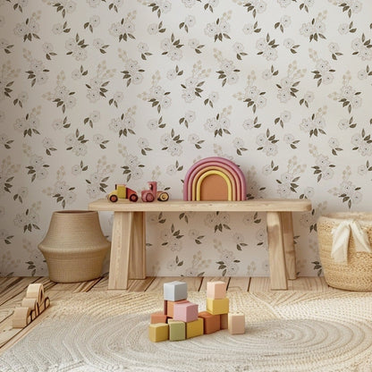 Ivory Bloom cream floral wallpaper in a soft nursery