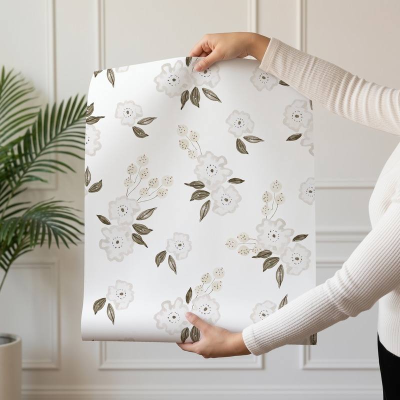 Ivory Bloom wallpaper design — cream watercolour blossoms and berry sprigs with olive leaves on white