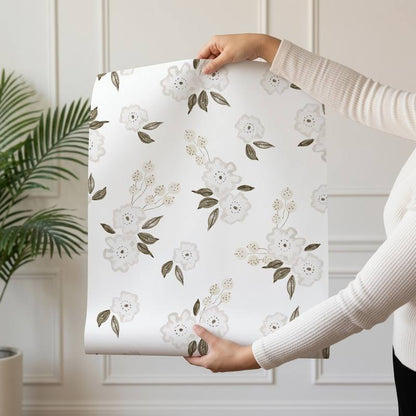 Ivory Bloom wallpaper design — cream watercolour blossoms and berry sprigs with olive leaves on white