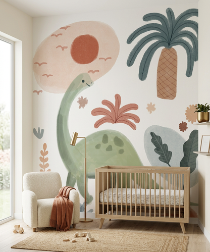 Jurassic Nursery dinosaur wall mural behind a light oak cot in a modern nursery with a cream bouclé chair