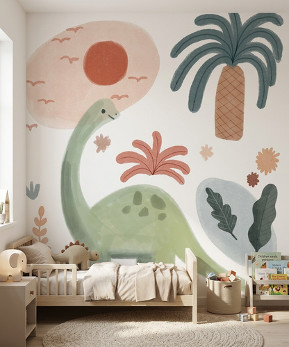 Jurassic Nursery dinosaur wall mural in a toddler bedroom with a low wooden bed, jute rug and wooden toys
