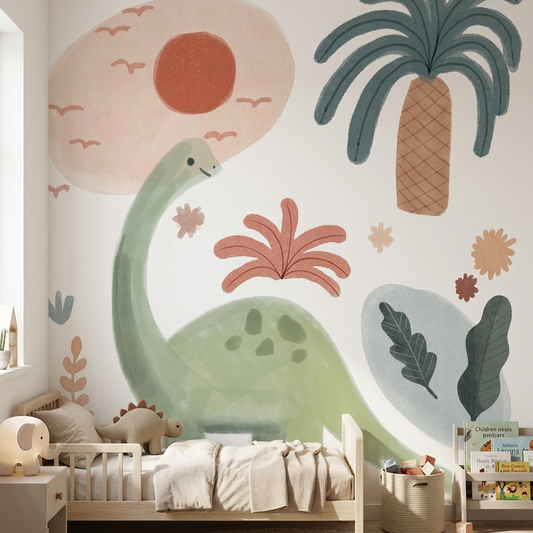 Jurassic Nursery dinosaur wall mural in a toddler bedroom with a low wooden bed, jute rug and wooden toys
