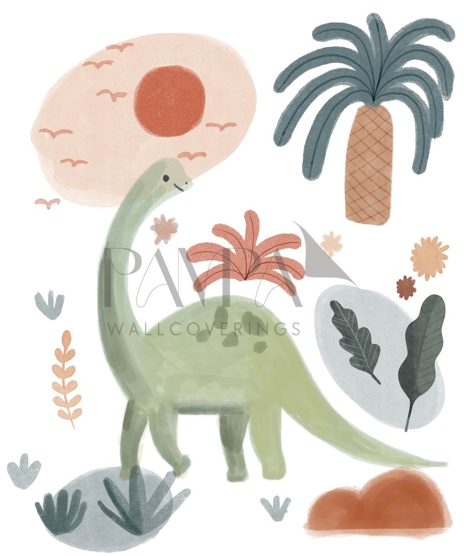 Jurassic Nursery wall mural design — a hand-painted dinosaur under a low sun with a palm, ferns and small flowers in sage, clay, blush and slate blue