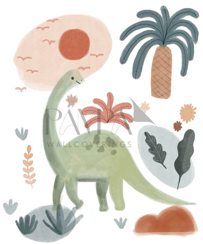 Jurassic Nursery wall mural design — a hand-painted dinosaur under a low sun with a palm, ferns and small flowers in sage, clay, blush and slate blue