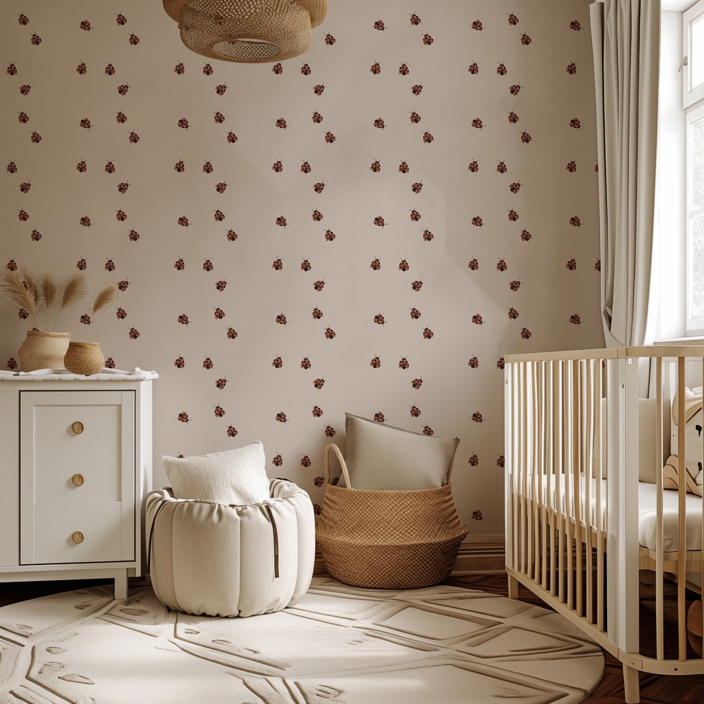 Ladybugs playful wallpaper in a warm, softly lit nursery