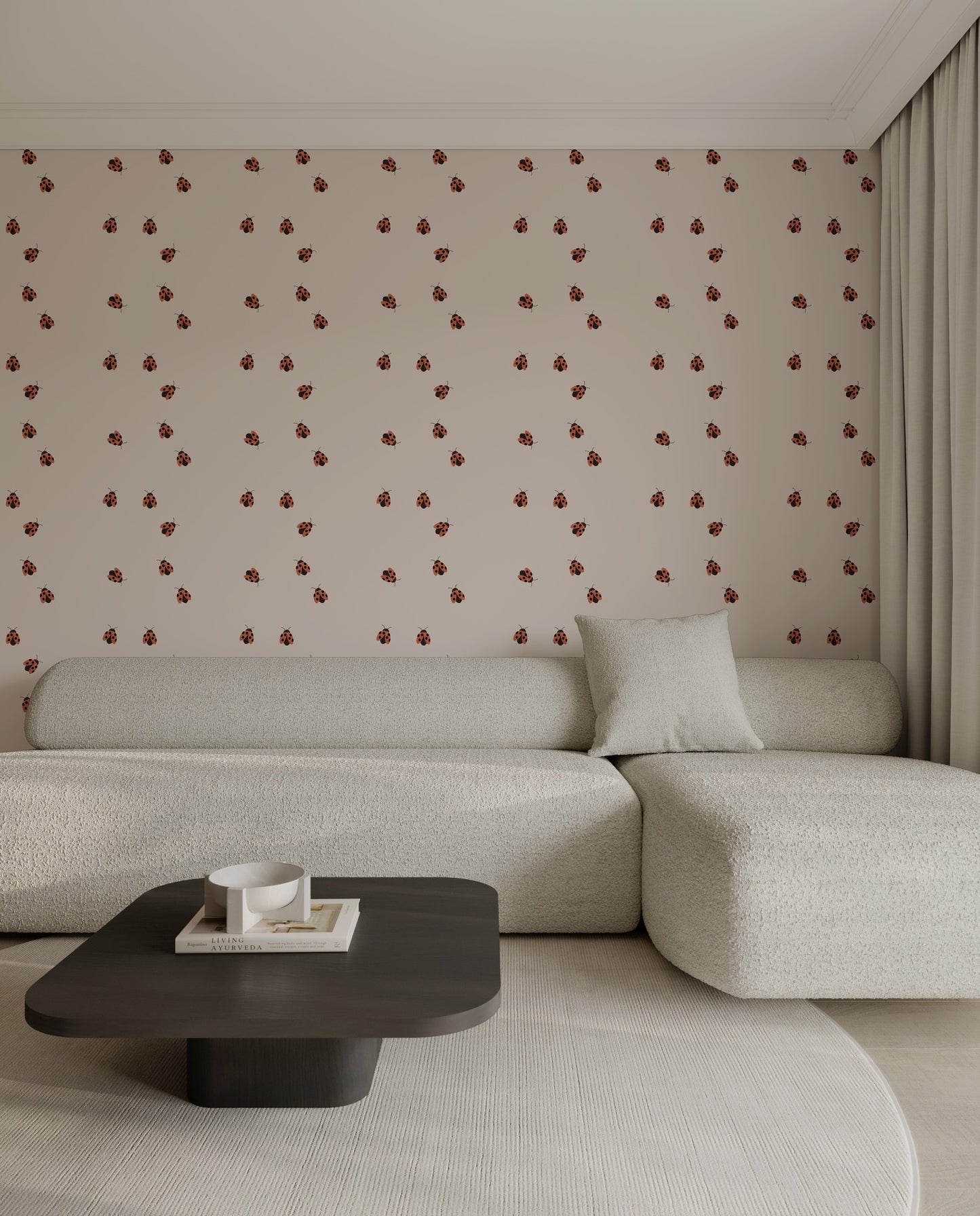 Ladybugs wallpaper in a bright living room with neutral furnishings