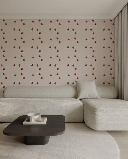Ladybugs wallpaper in a bright living room with neutral furnishings