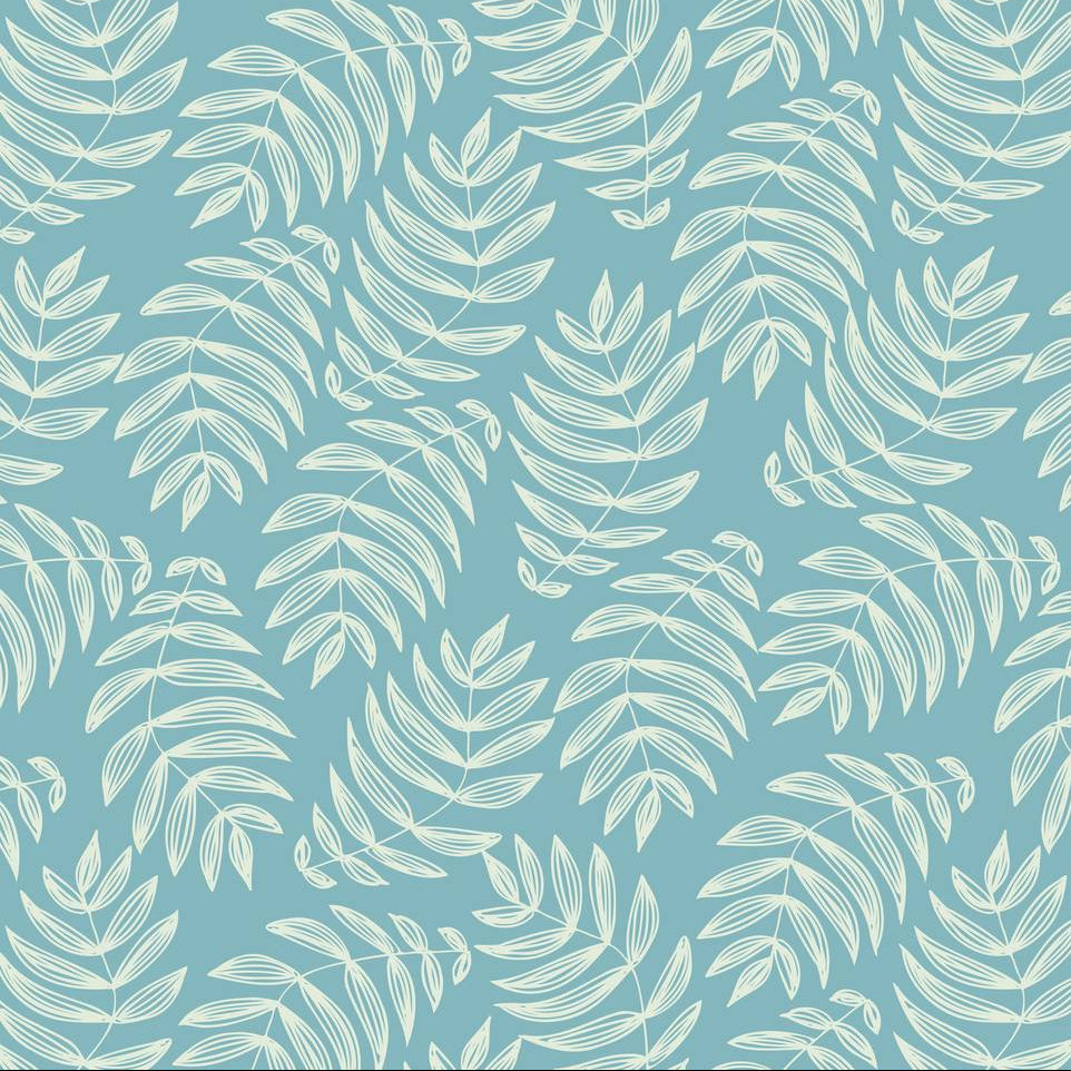 Laguna wallpaper design — pale aqua palm fronds on a deep lagoon-blue ground