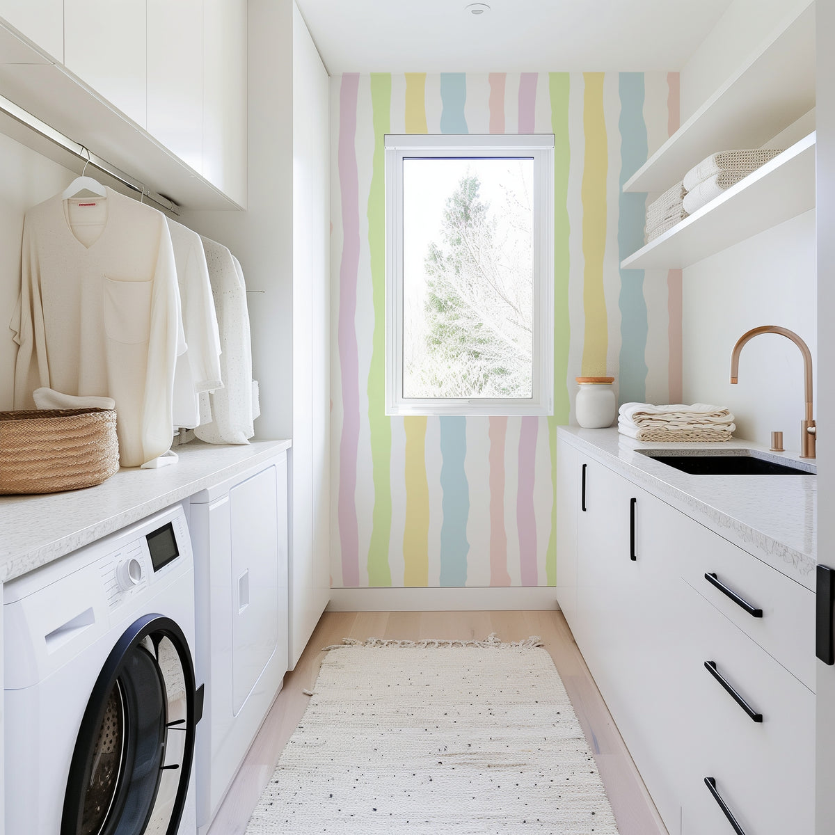 Candy Wave Stripes pastel stripe wallpaper in a laundry and utility space