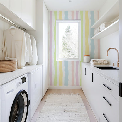 Candy Wave Stripes pastel stripe wallpaper in a laundry and utility space