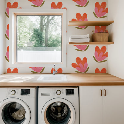 Bold Blooms bright floral wallpaper in a laundry and utility space