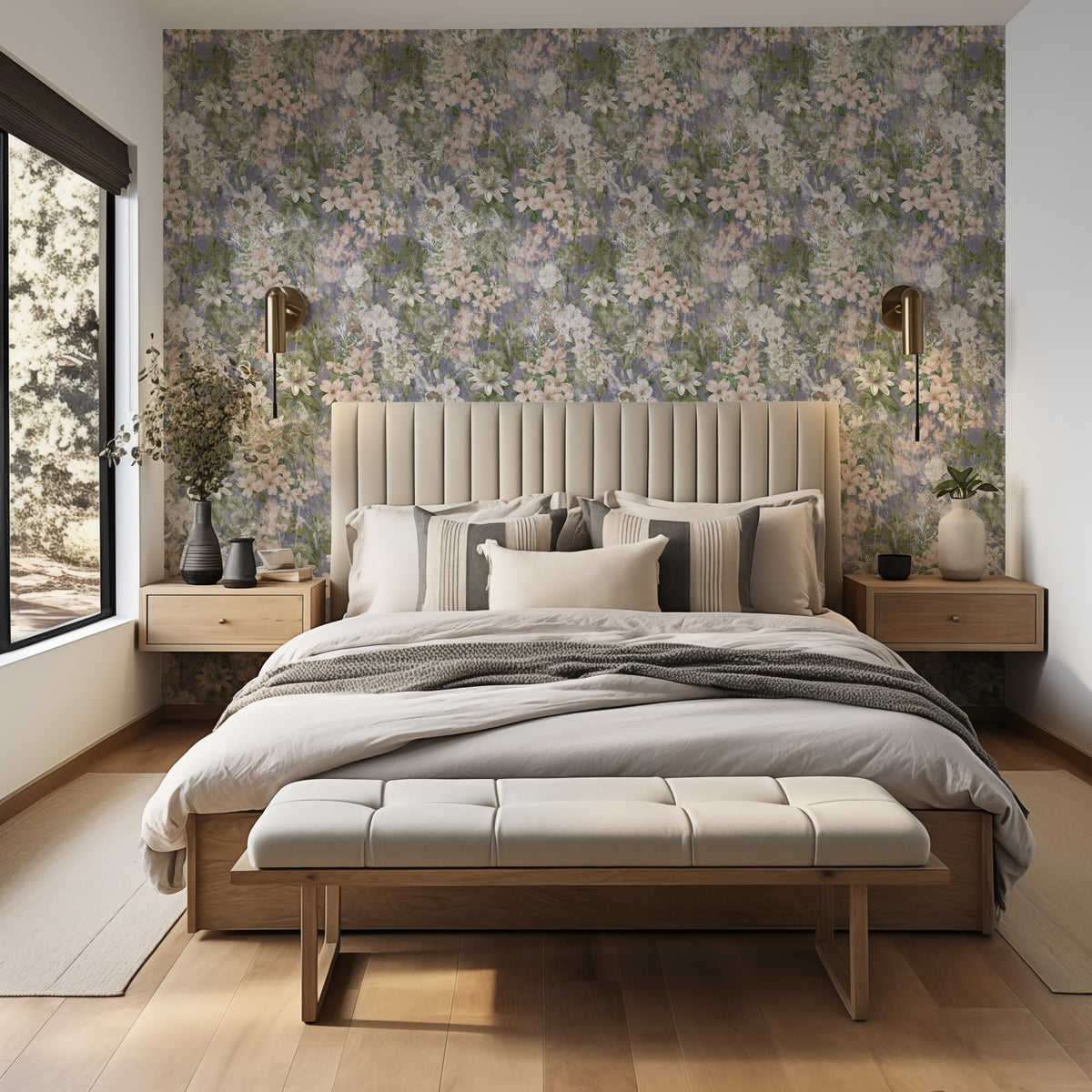 Lavender Dusk floral wallpaper behind an upholstered bed in a calm bedroom