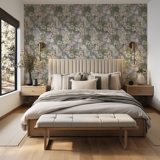 Lavender Dusk floral wallpaper behind an upholstered bed in a calm bedroom