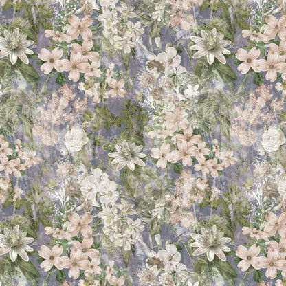 Lavender Dusk wallpaper design, blush blossoms and passionflowers on a lavender-grey ground
