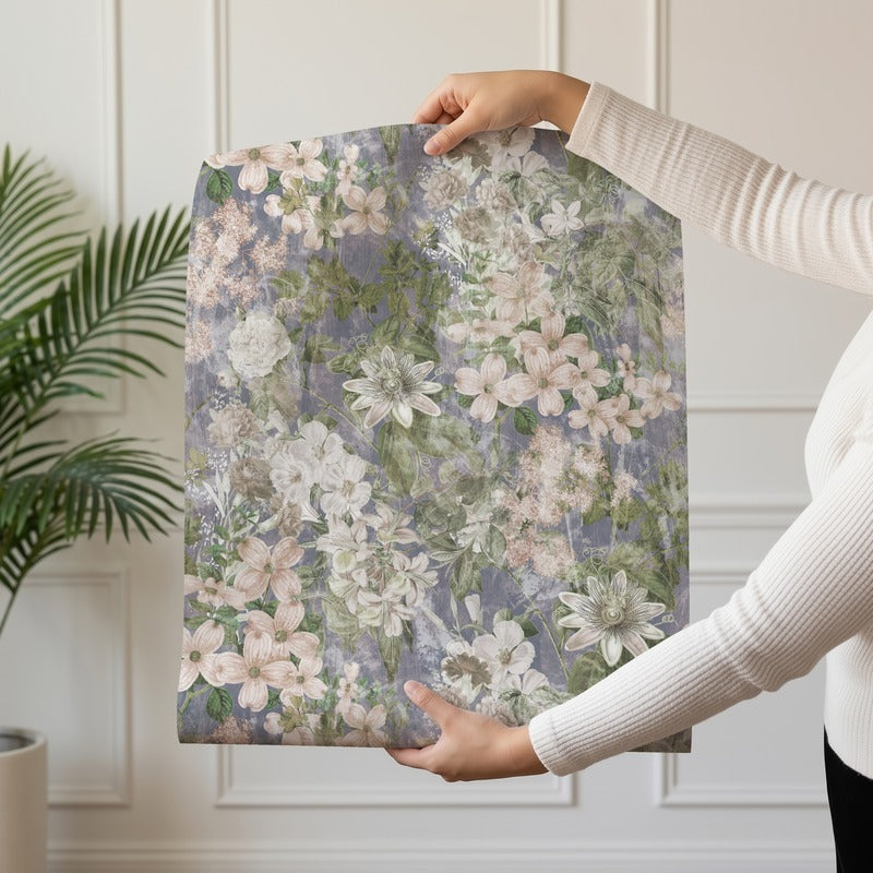 Lavender Dusk wallpaper roll drop showing the faded floral repeat