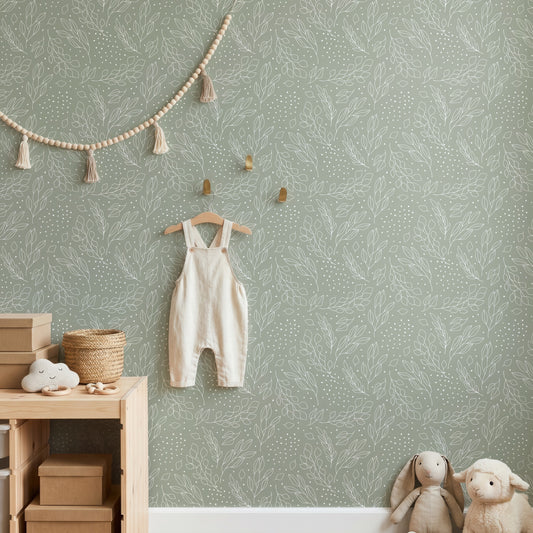 Leafy Lines sage botanical wallpaper in a calm nursery