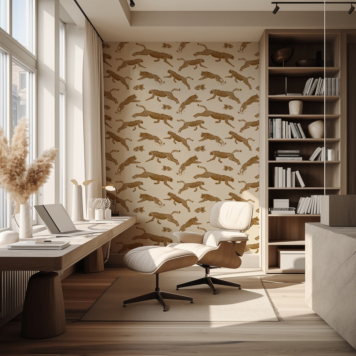 Leopards bold wildlife-inspired leopard wallpaper in a home office