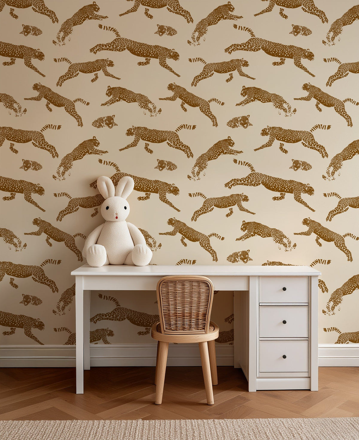 Leopards bold wildlife-inspired leopard wallpaper in a nursery