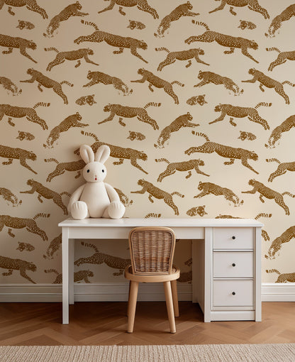 Leopards bold wildlife-inspired leopard wallpaper in a nursery