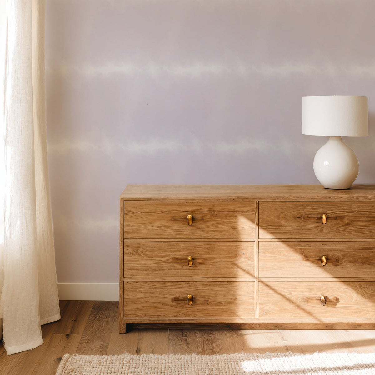 Lilac Ombre soft wallpaper in a calm, restful bedroom