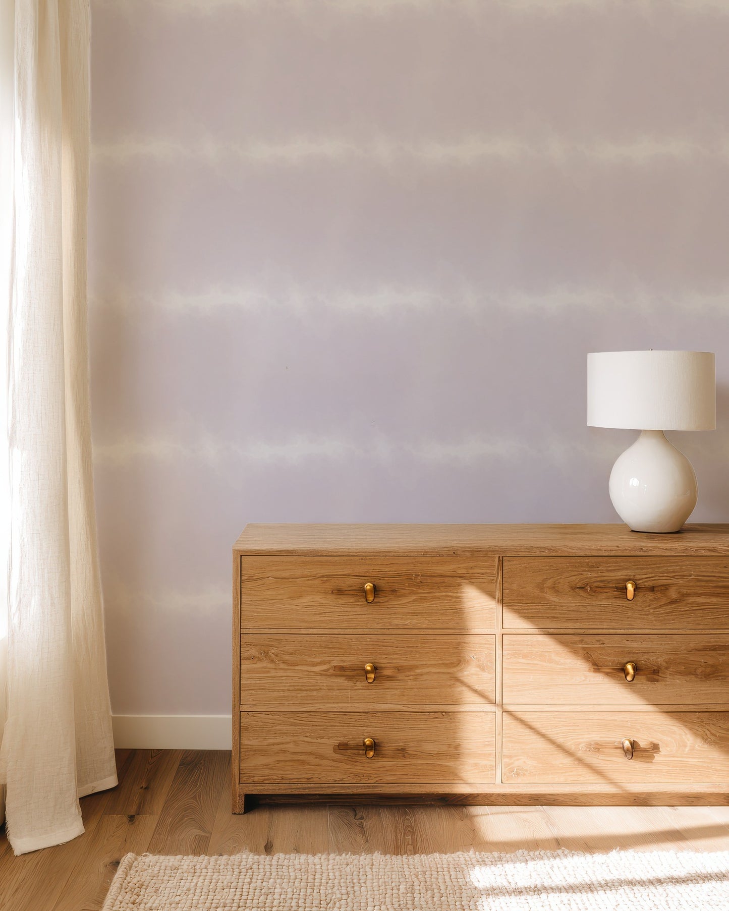 Lilac Ombre soft wallpaper in a calm, restful bedroom