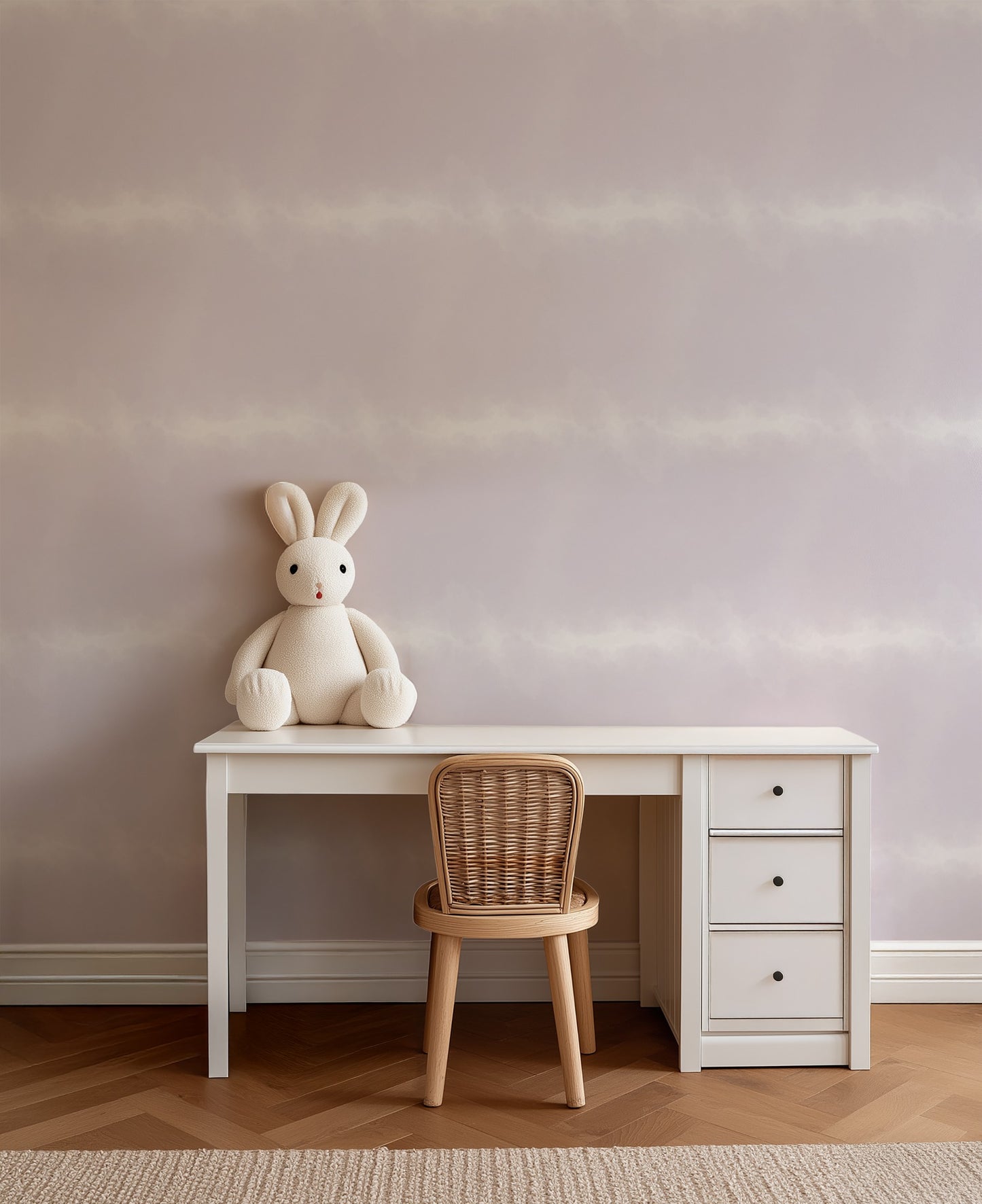 Lilac Ombre wallpaper behind a child's desk in a soft study corner