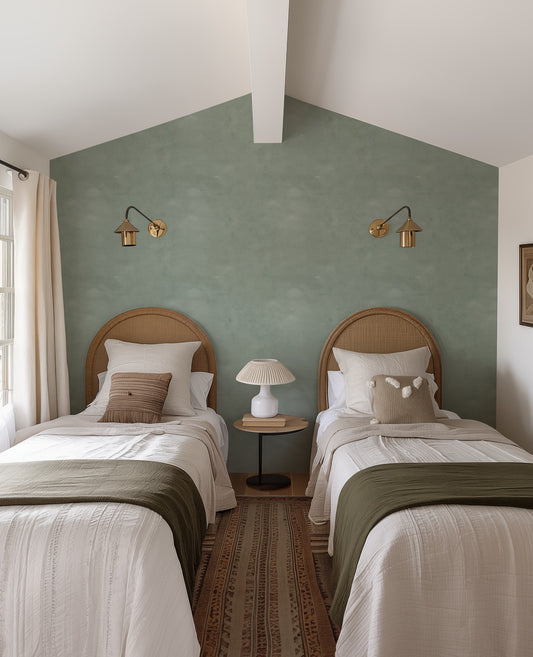 Limewash Sage plaster-look wallpaper in a calm children's room