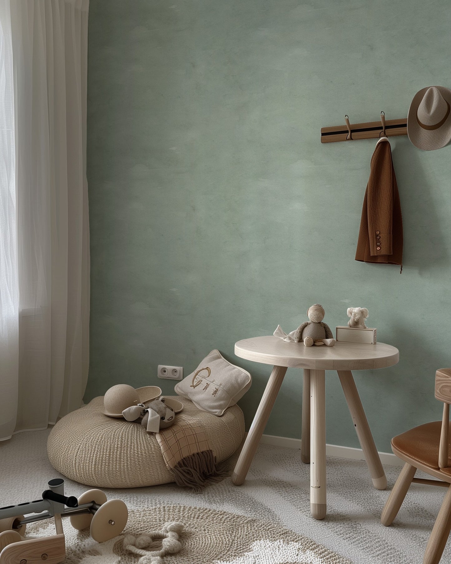 Limewash Sage textured green wallpaper in a soft nursery