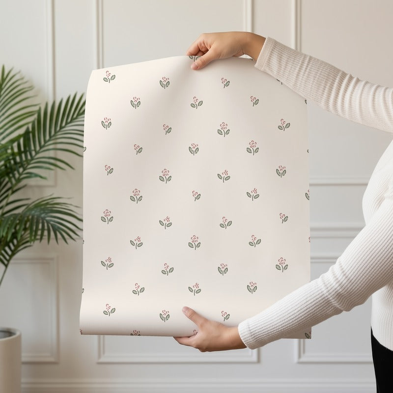 Little Sprigs wallpaper roll drop showing the delicate sprig repeat