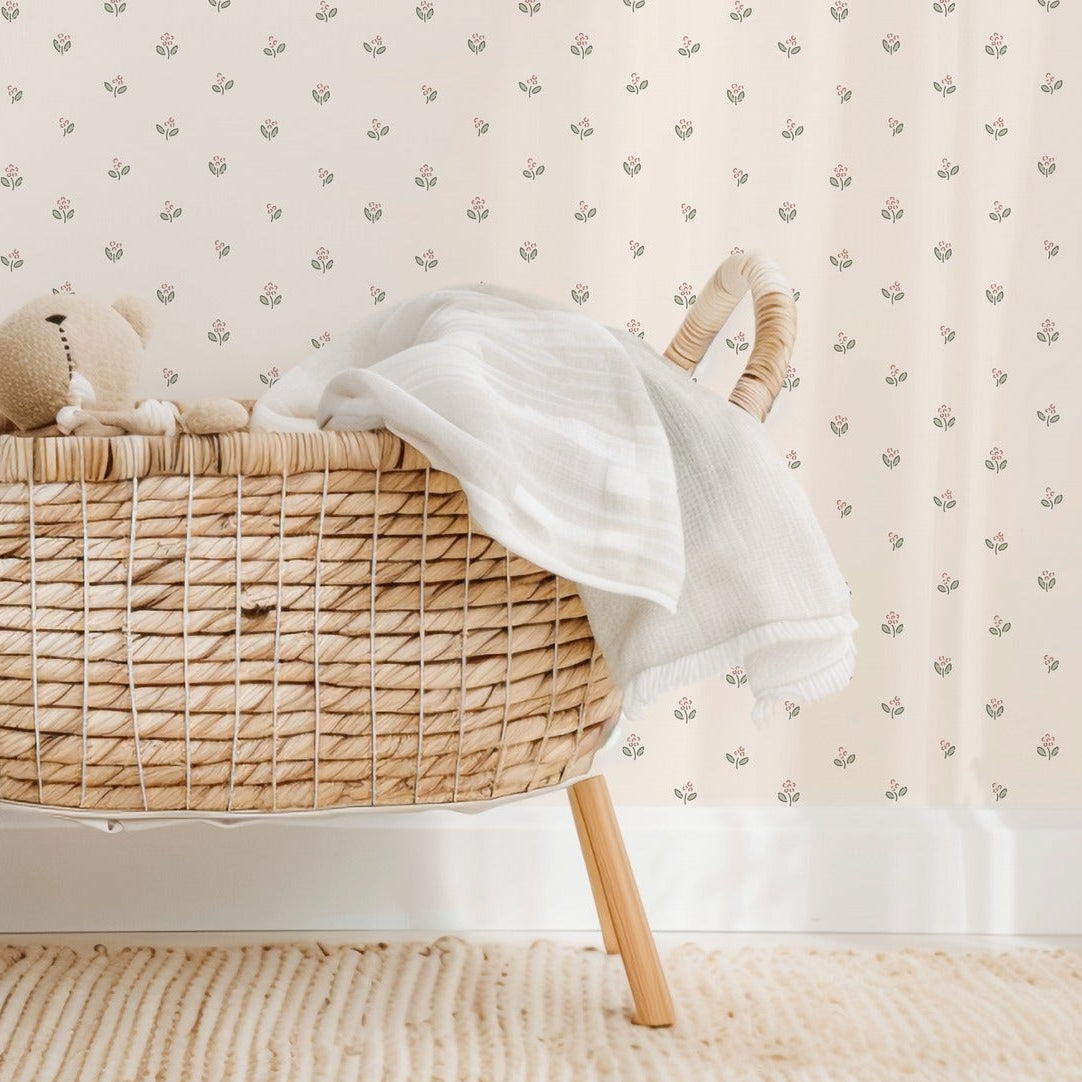 Little Sprigs delicate floral wallpaper in a soft nursery