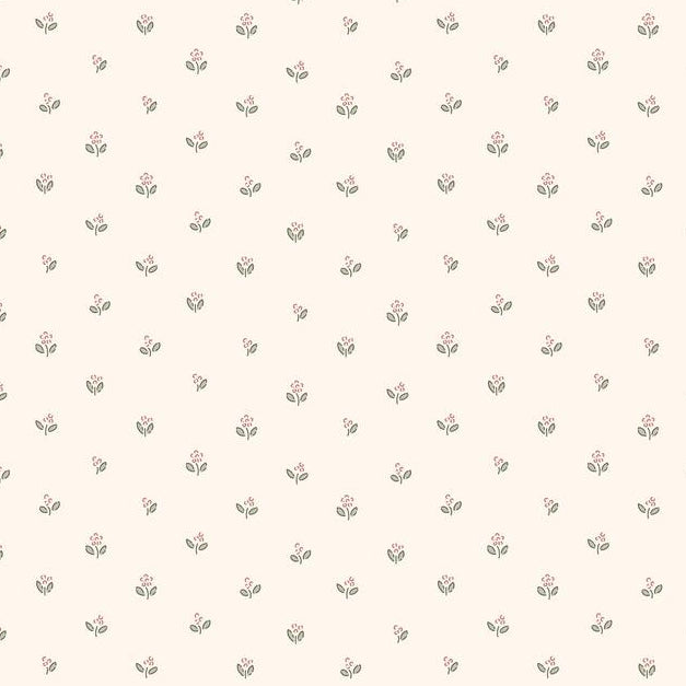 Little Sprigs wallpaper design — tiny coral-pink flower sprigs with sage leaves on cream