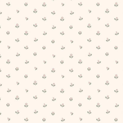 Little Sprigs wallpaper design — tiny coral-pink flower sprigs with sage leaves on cream