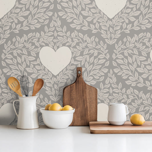 Love Nest sweet heart-print wallpaper in a dining room