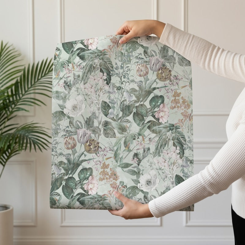 Maison Floral wallpaper roll drop showing the sage and blush watercolour bouquet repeat