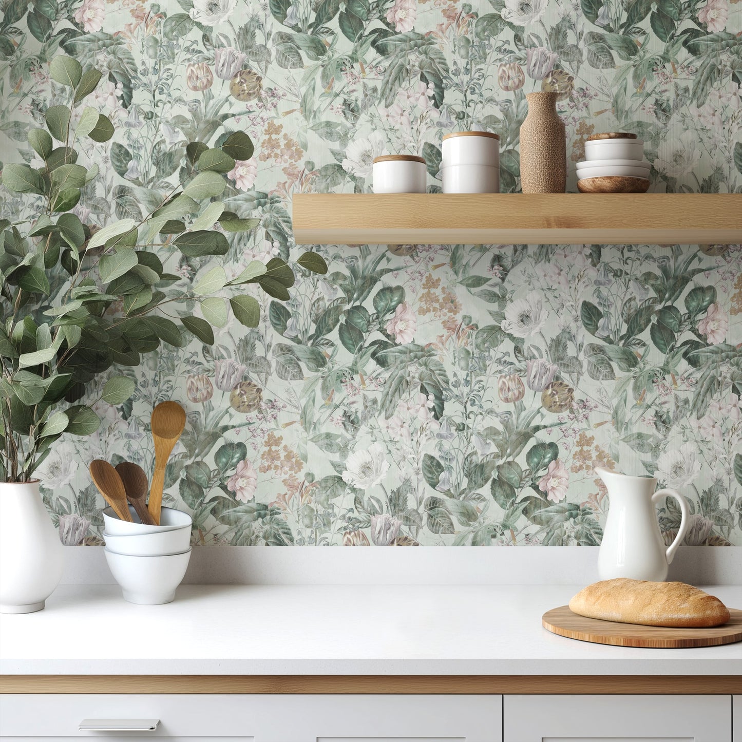 Maison Floral watercolour bouquet wallpaper in a bright kitchen with white cabinetry