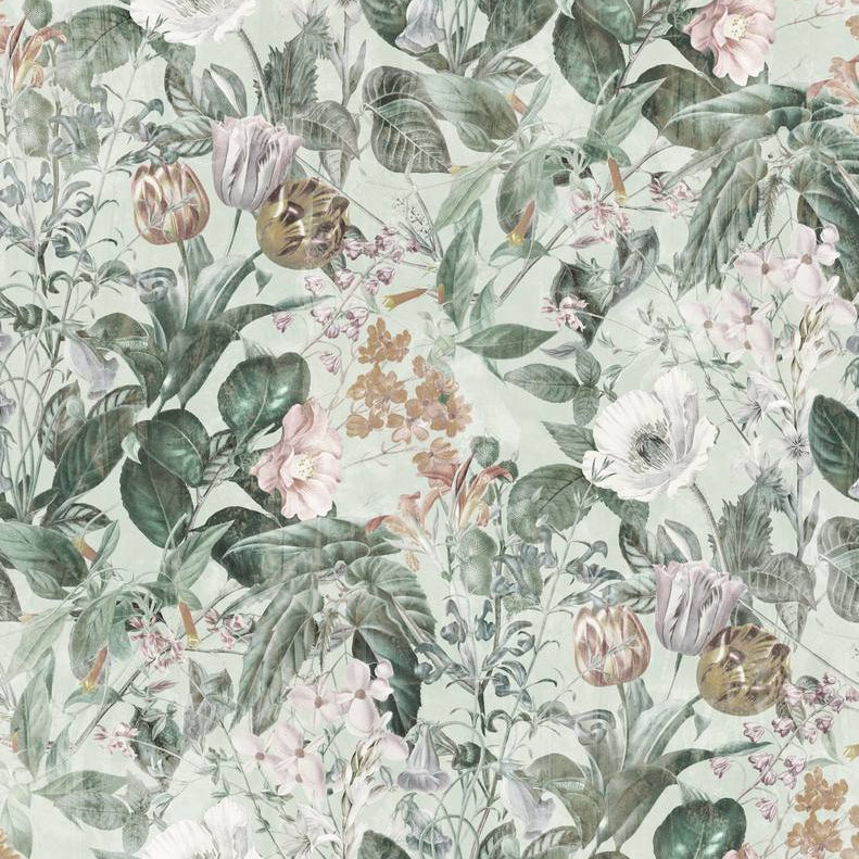 Maison Floral wallpaper design — watercolour bouquet of sage-green foliage and dusty pink blooms on a muted grey-green ground