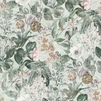 Maison Floral wallpaper design — watercolour bouquet of sage-green foliage and dusty pink blooms on a muted grey-green ground