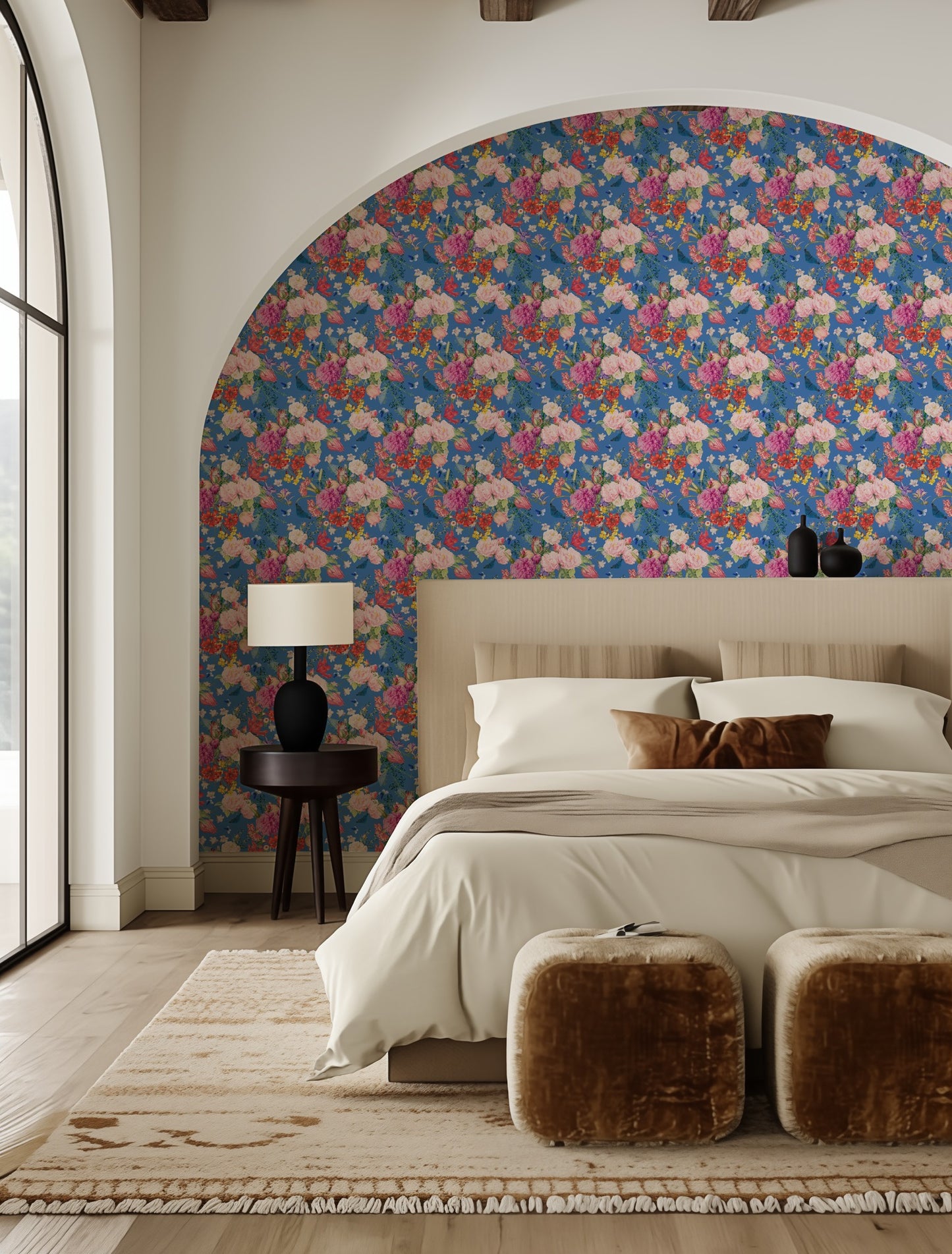 Mazzolino bold cobalt-blue floral wallpaper in an elegant bedroom