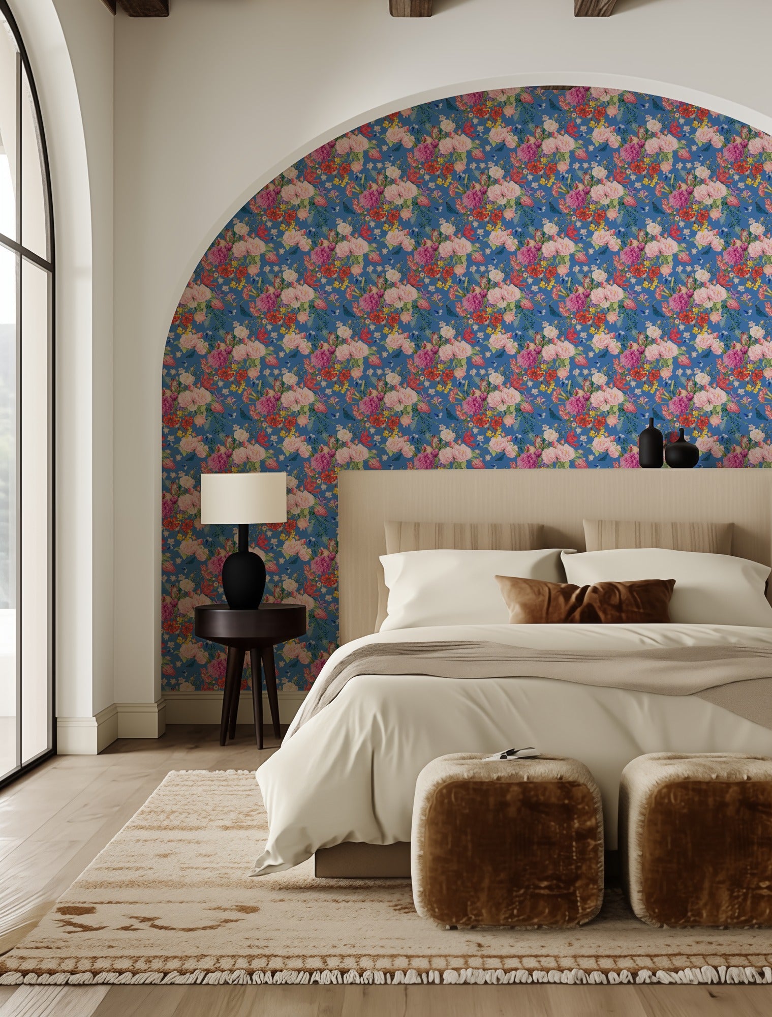 Mazzolino bold cobalt-blue floral wallpaper in an elegant bedroom