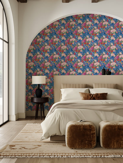 Mazzolino bold cobalt-blue floral wallpaper in an elegant bedroom