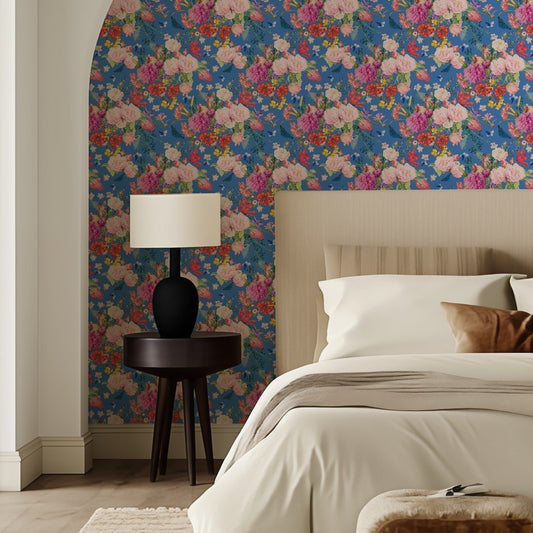 Mazzolino bold cobalt-blue floral wallpaper in an elegant bedroom