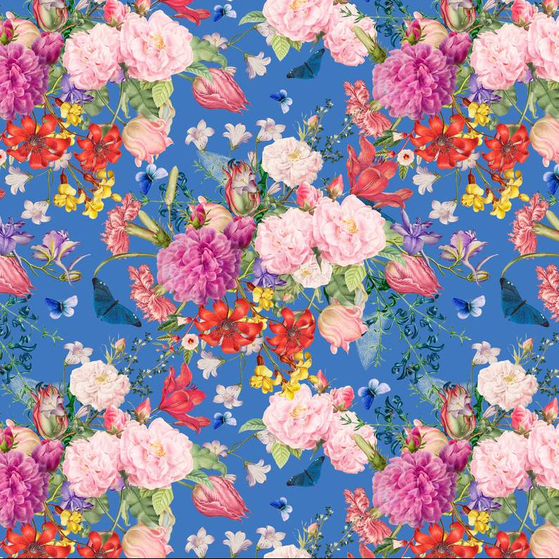 Mazzolino wallpaper design — pink, red and white floral bouquets scattered on a vivid cobalt-blue ground